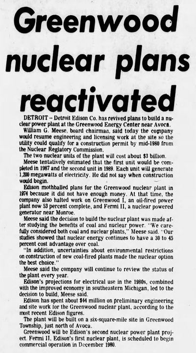 Greenwood Nuclear Power Plant (Cancelled) - Jan 1978 Plant Construction Resumed